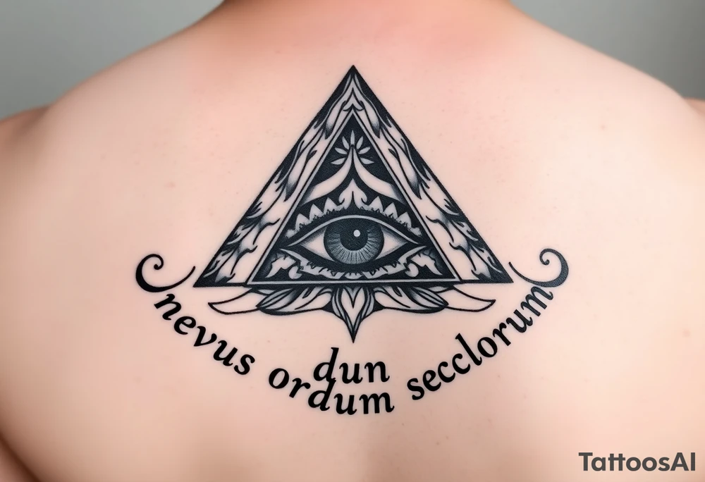 Pyramid with eye in the center, surrounded by words - novus ordum seclorum tattoo idea