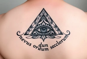 Pyramid with eye in the center, surrounded by words - novus ordum seclorum tattoo idea