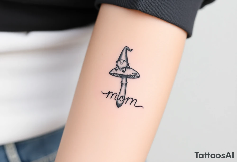 Mushroom with word mom on it with gnome sitting on top tattoo idea