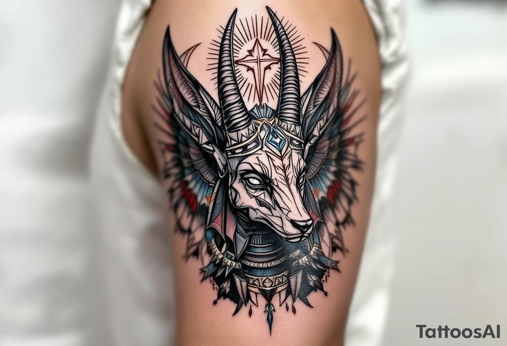 An Anubis with a Halo - Blending Egyptian mythology with Christian spirituality (only red , blue and black are possible colors) tattoo idea