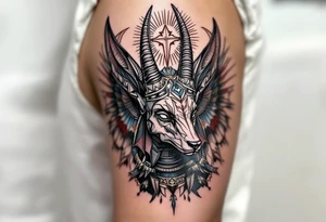 An Anubis with a Halo - Blending Egyptian mythology with Christian spirituality (only red , blue and black are possible colors) tattoo idea