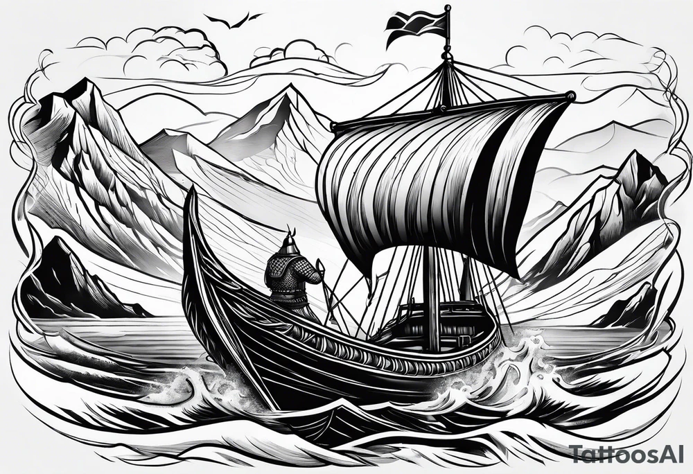 Viking in a boat flying above mountains tattoo idea