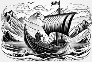 Viking in a boat flying above mountains tattoo idea