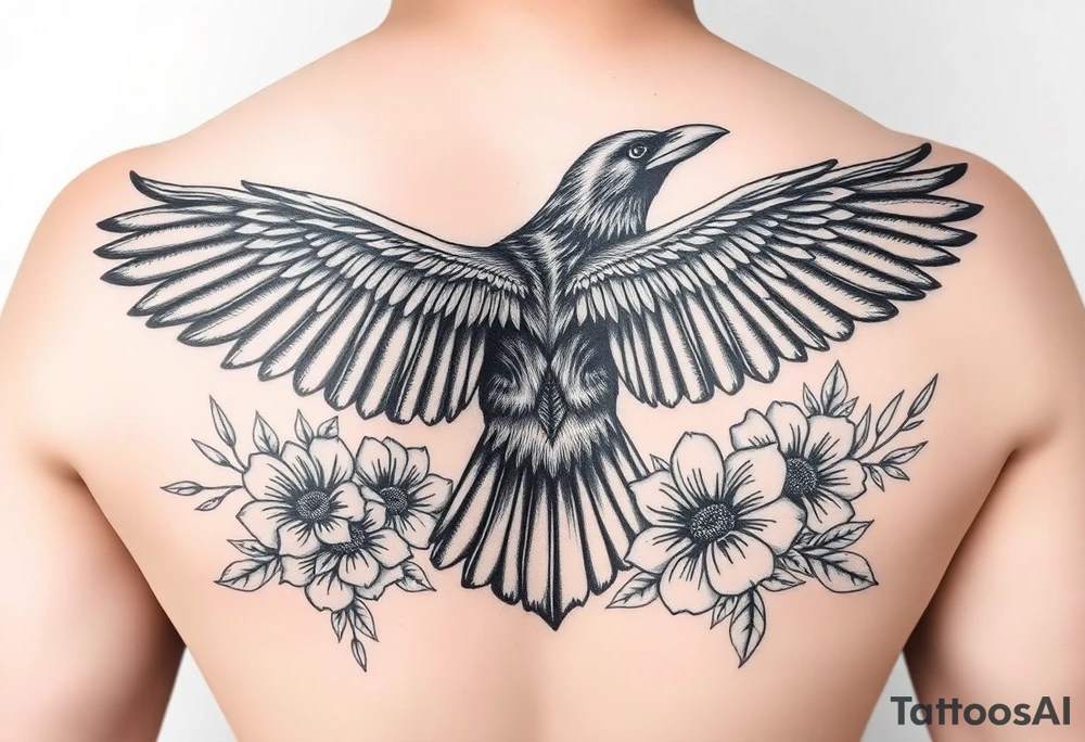 A raven with outstretched wings, surrounded by flowers tattoo idea