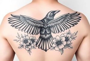 A raven with outstretched wings, surrounded by flowers tattoo idea