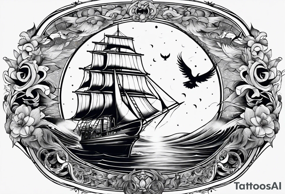 bateau, phare maritime, phoenix et lune bleu. tattoo idea bateau, phare maritime, phoenix et lune bleu. tattoo idea