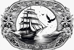 bateau, phare maritime, phoenix et lune bleu. tattoo idea