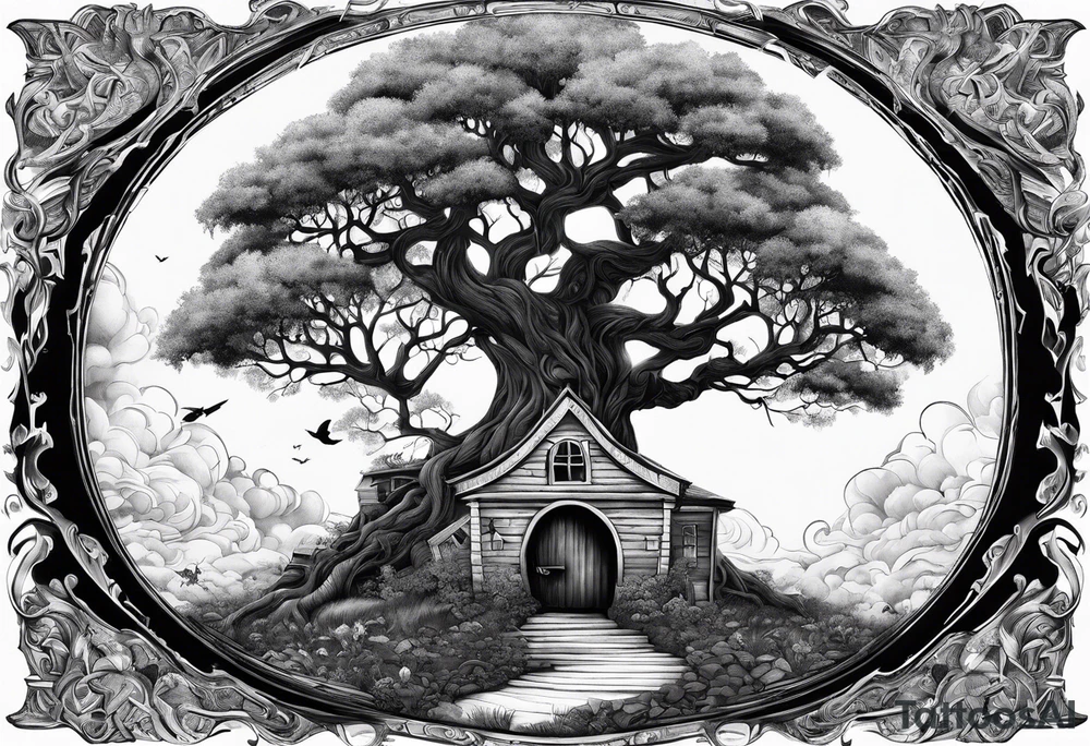 the tree of life growing out of a broken house with the devine child at its doorsteps tattoo idea
