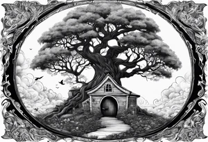 the tree of life growing out of a broken house with the devine child at its doorsteps tattoo idea