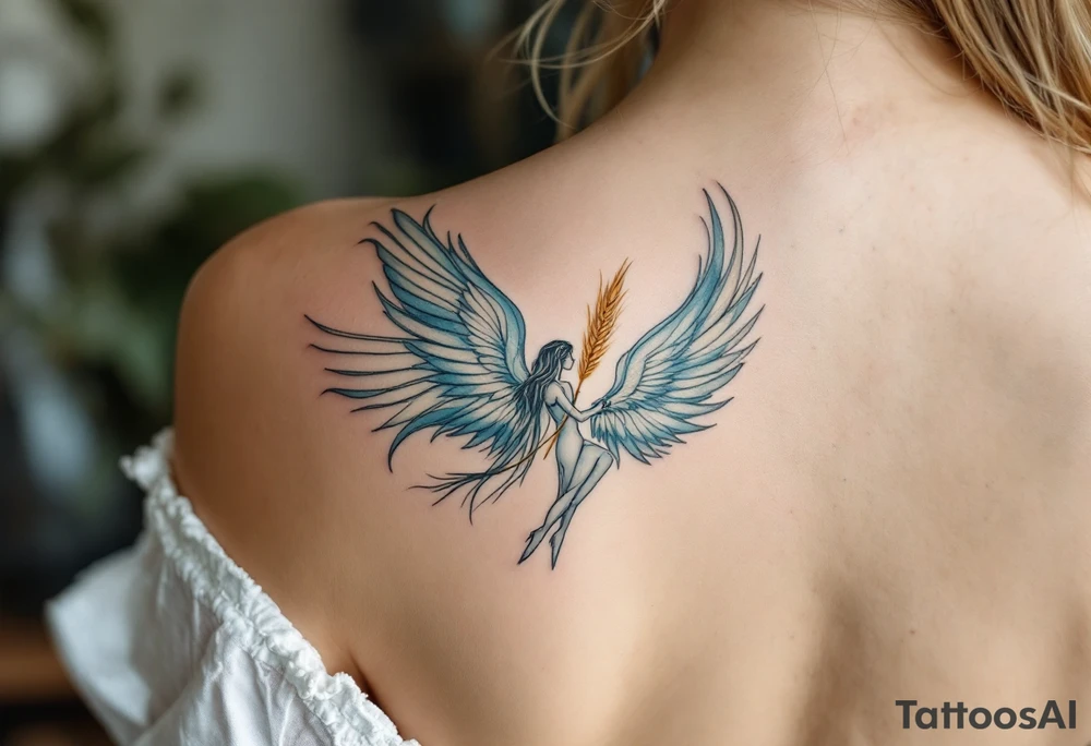 A graceful guardian Virgo angel with large feathered wings and golden wheat in hands. The color palette includes light blue, silver, and soft white, symbolizing Virgo’s protective and pure energy. tattoo idea