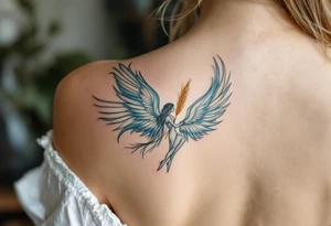 A graceful guardian Virgo angel with large feathered wings and golden wheat in hands. The color palette includes light blue, silver, and soft white, symbolizing Virgo’s protective and pure energy. tattoo idea