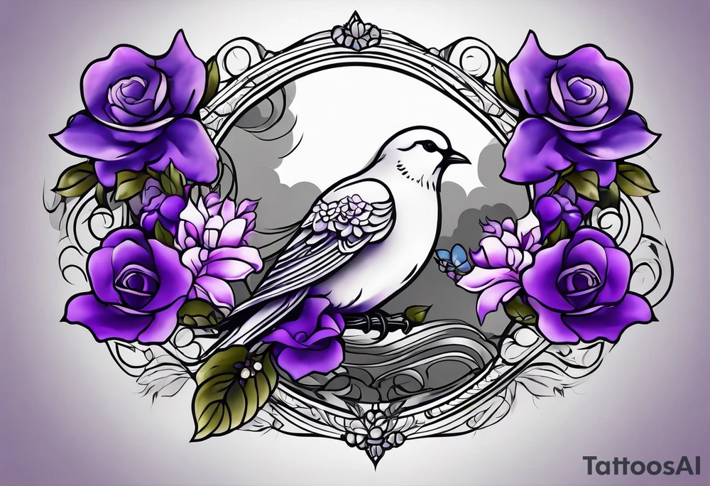 Forearm tattoo with purple flowers to always remember my grandma that passed away with a small white dove and heaven things added like clouds and stairs. tattoo idea