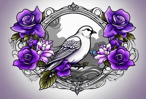 Forearm tattoo with purple flowers to always remember my grandma that passed away with a small white dove and heaven things added like clouds and stairs. tattoo idea