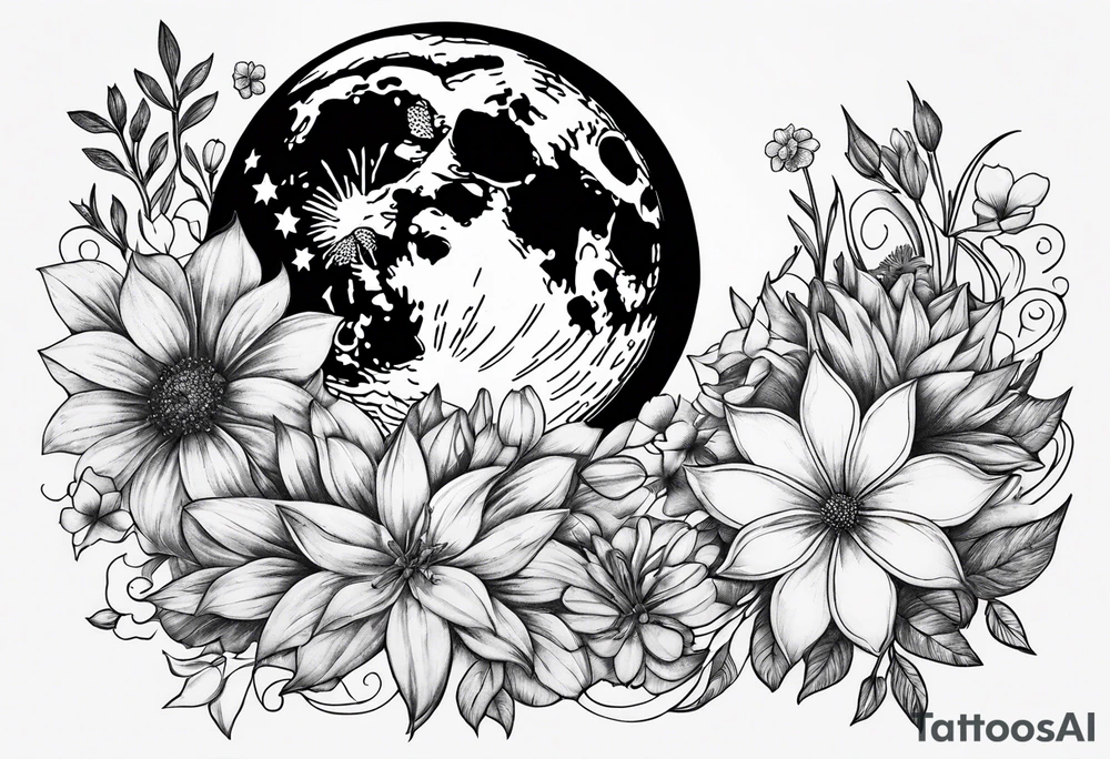 Moon stars flowers tattoo idea