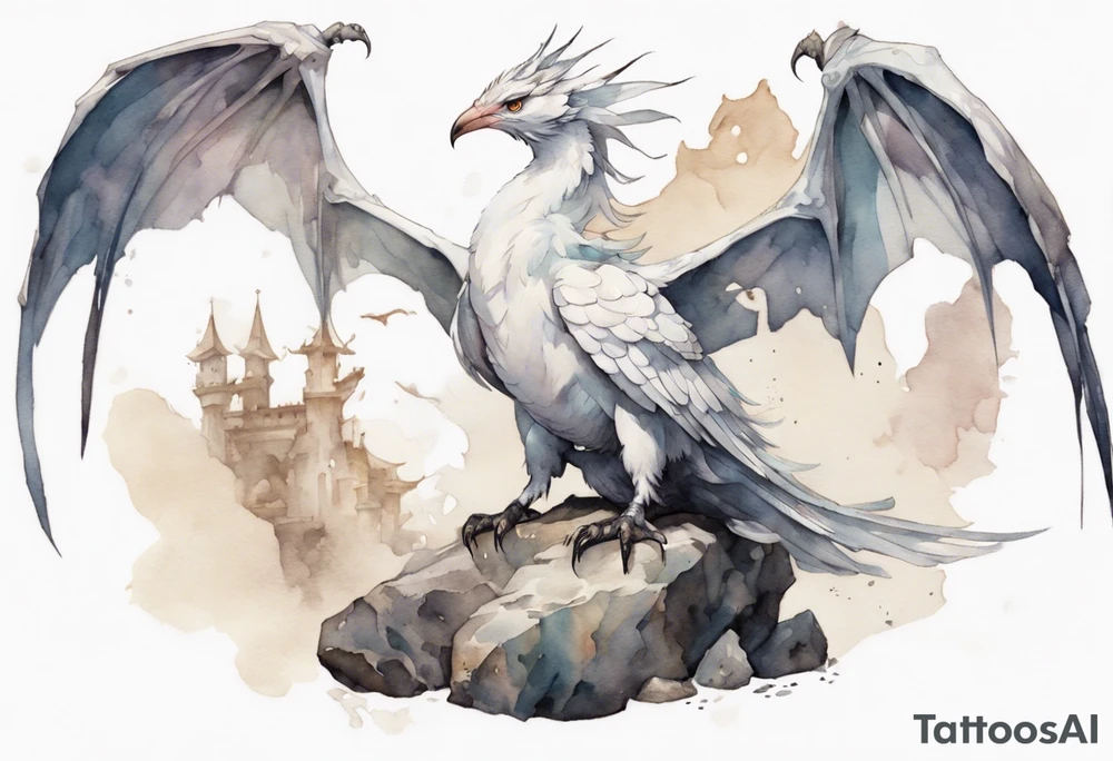 a white bird-wyvern hybrid, wearing a plain iron crown, perched on a stone tattoo idea
