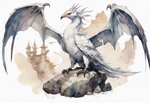 a white bird-wyvern hybrid, wearing a plain iron crown, perched on a stone tattoo idea