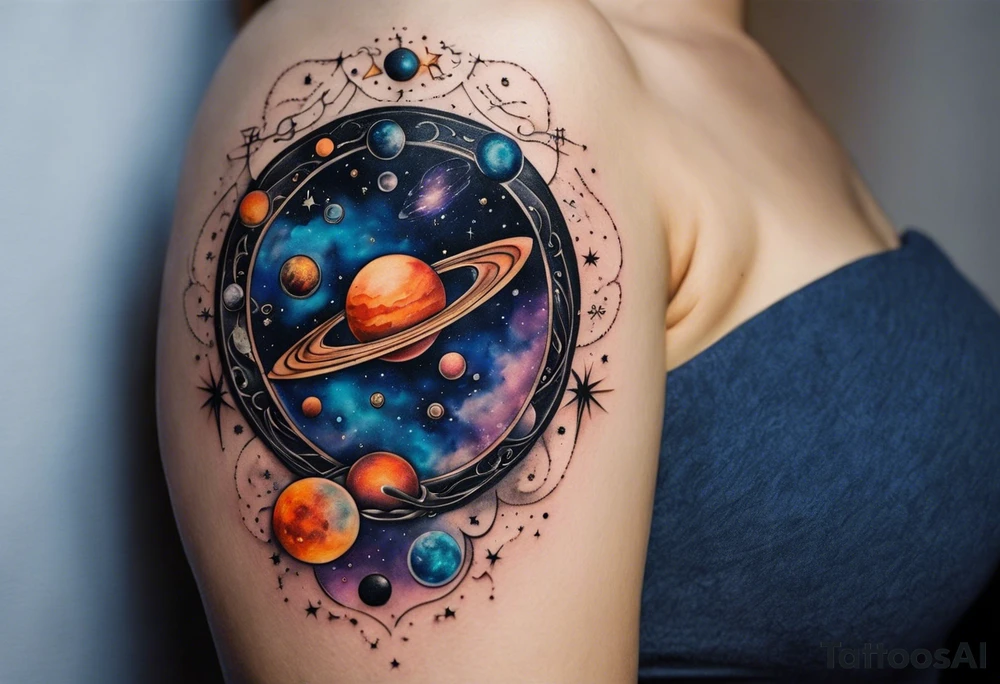 A tattoo featuring a cosmic scene with planets, black holes, and supernovae intertwined with intricate linguistic symbols, reflecting the client's interests in cosmology and linguistics. tattoo idea