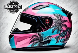 Formula 1 helment with a palm tree and black pink and light blue color tattoo idea