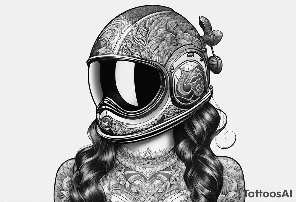 Dive helmet with female hair tattoo idea