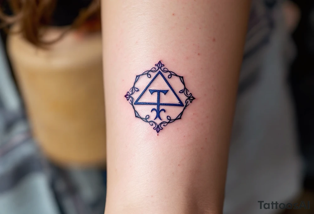 A silver  ᚹ love rune with blue accents, surrounded by violet tattoo idea