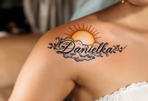 Danielka scripted along a golden sunbeam, peeking from behind clouds. tattoo idea