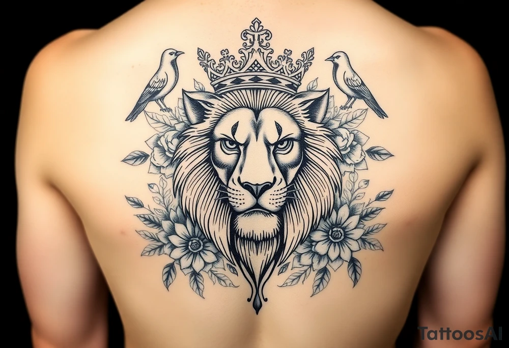 powerful majestic lion with a crown, surrounded by floral ornaments and birds tattoo idea