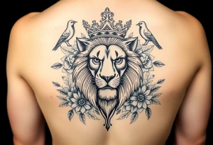 powerful majestic lion with a crown, surrounded by floral ornaments and birds tattoo idea