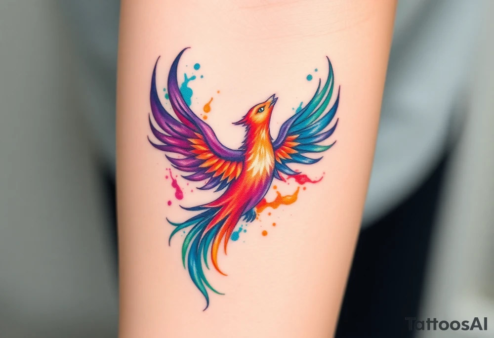 Phoenix in flames with purple, blue, orange, teal and green splashes, looking upwards. No outline. tattoo idea