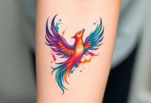 Phoenix in flames with purple, blue, orange, teal and green splashes, looking upwards. No outline. tattoo idea