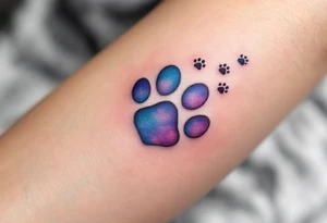 A heart-shaped paw with a subtle gradient of light blues and purples, with tiny paw prints trailing off, representing love’s constant journey and loyalty. tattoo idea