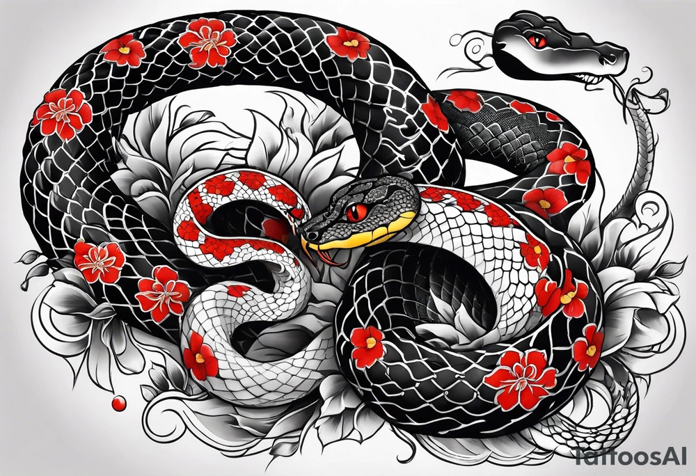 sleeve tattoo of a snake with Japanese designs tattoo idea