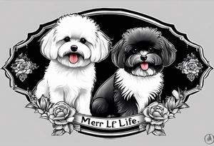 A white Bichon frise with a black pomeranian and a black golden doodle with the words “MFer 4 Life” tattoo idea