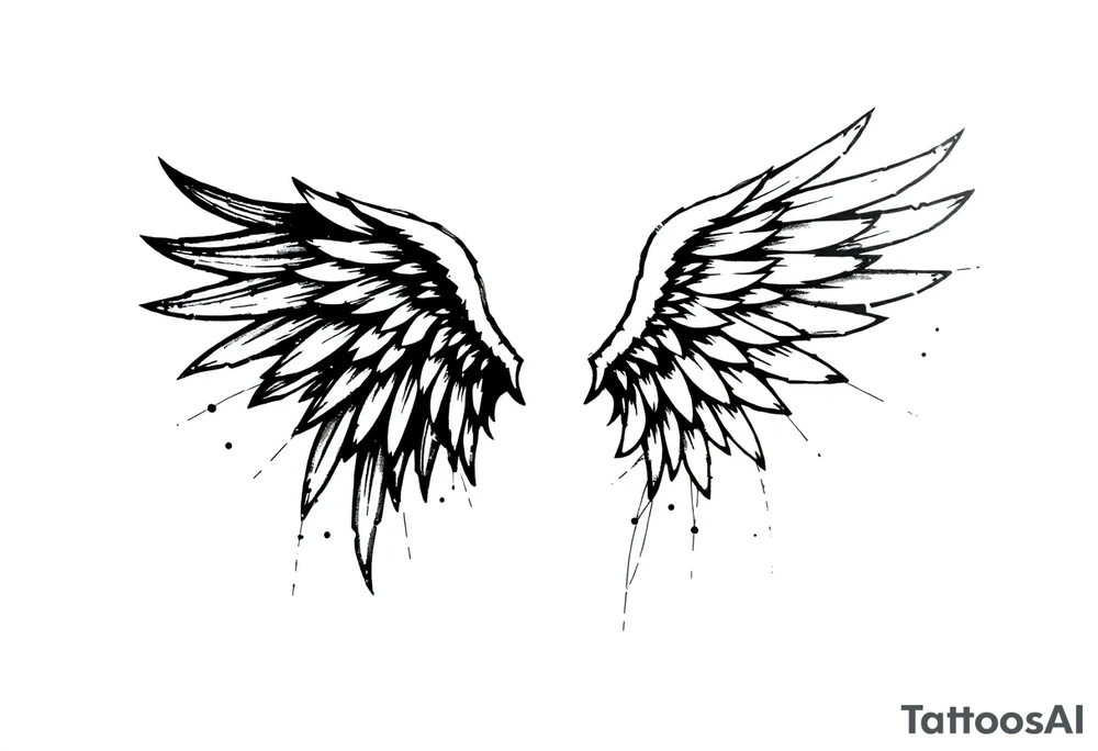 the wings go up

This tattoo design features a pair symmetrical angel wings drawn in black ink with a rough, sketch-like style. The left wing is darker, more defined, and appears denser, while the right wing is lighter, more delicate, and fragmented, creating a contrast between the two. The feathers are sharp and irregular, with fine lines and stray strokes extending outward, adding a raw and artistic feel. The overall look is dynamic and slightly chaotic, giving the impression of movement or an unfinished, ethereal form. This design symbolizes duality, freedom, transformation, or even struggle, making it a meaningful and visually striking tattoo. tattoo idea