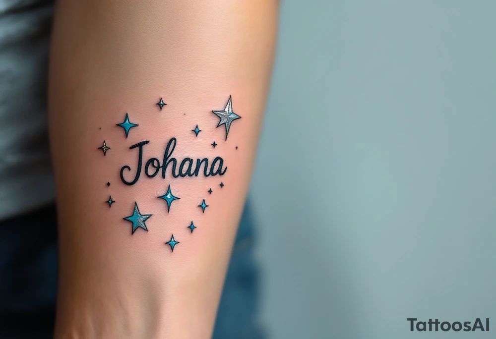 Johana scripted in a whimsical style, accented with whimsical stars in silver and light blue. tattoo idea