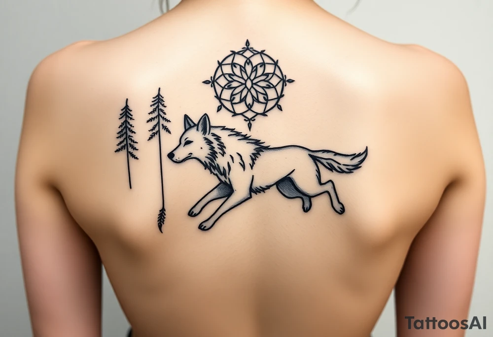 A wolf running through the woods, with dreamcatcher rings behind it tattoo idea