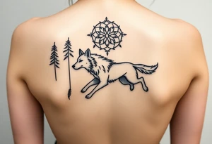 A wolf running through the woods, with dreamcatcher rings behind it tattoo idea