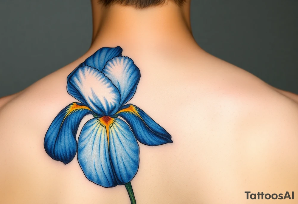Single blue and gold Iris painted in Van Gogh style. One petal falling and one upright. Integrating Kintsugi artform. tattoo idea