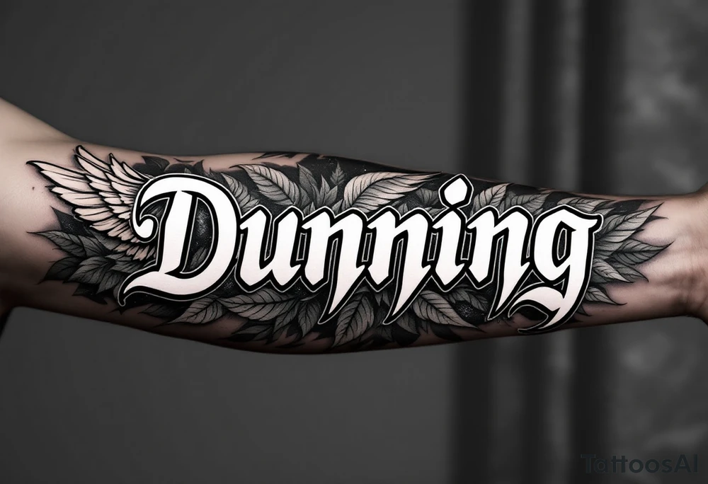 Dunning, Details include on left arm, name in white color,angel wing, wet jungle leaves,cool font, galaxy background filling, tattoo idea