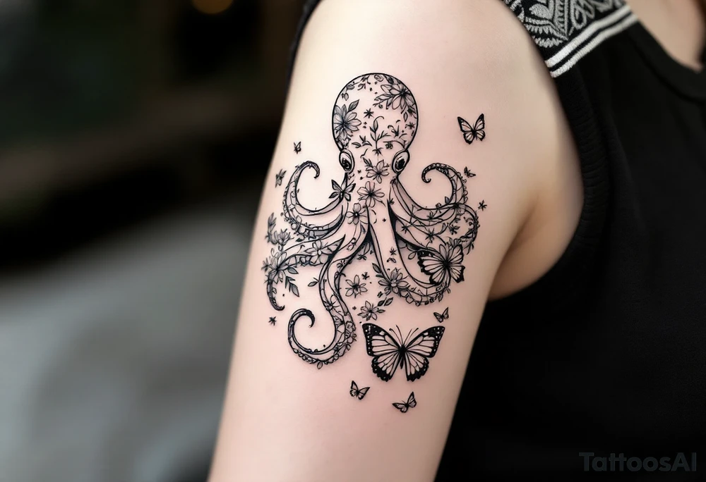 A simple fine-line tattoo design of a single octopus made entirely of flowers and butterflies. The octopus’s tentacles are shaped like flowing floral vines with leaves and petals, and its body is composed of overlapping blossoms and butterfly wings. Incorporate sacred geometry. The style is minimalist, elegant, and nature-inspired, with delicate black and grey lines, soft shading, and no outlines. No aquatic or marine elements besides the floral octopus. Simple. The design flows organically down the upper arm or shoulder, with a light, airy feel, minimalist tattoo idea