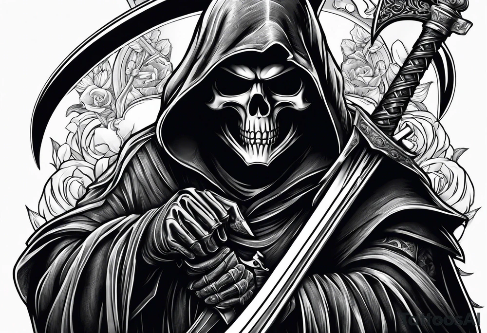 grim reaper with sword and pistol tattoo idea
