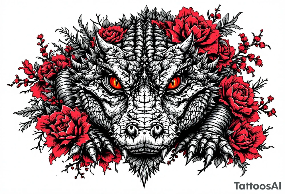 powerful and full aligator with red eyes, surrounded by red floral ornaments tattoo idea