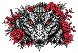 powerful and full aligator with red eyes, surrounded by red floral ornaments tattoo idea