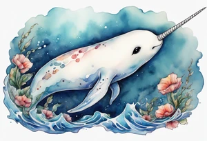 a melancholy watercolor painting of a realistic white narwhal swimming tattoo idea