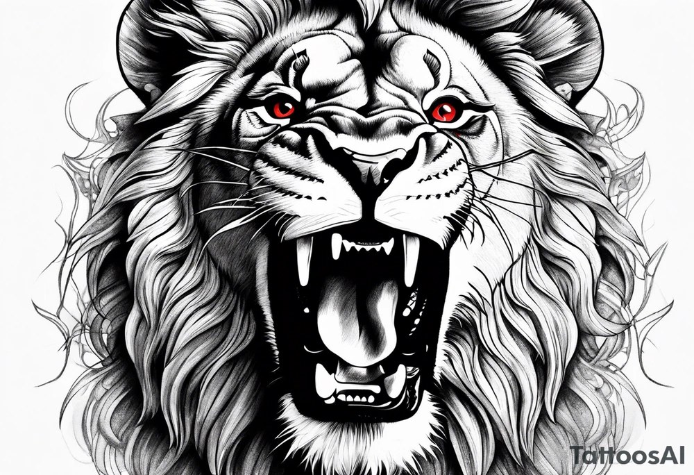 Lion roaring with red eyes tattoo idea