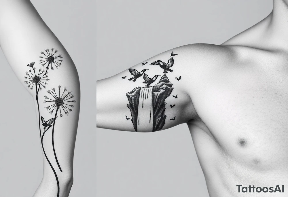 A dandelion with its leaves blowing away and turning into birds that fly up a waterfall tattoo idea