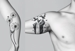 A dandelion with its leaves blowing away and turning into birds that fly up a waterfall tattoo idea