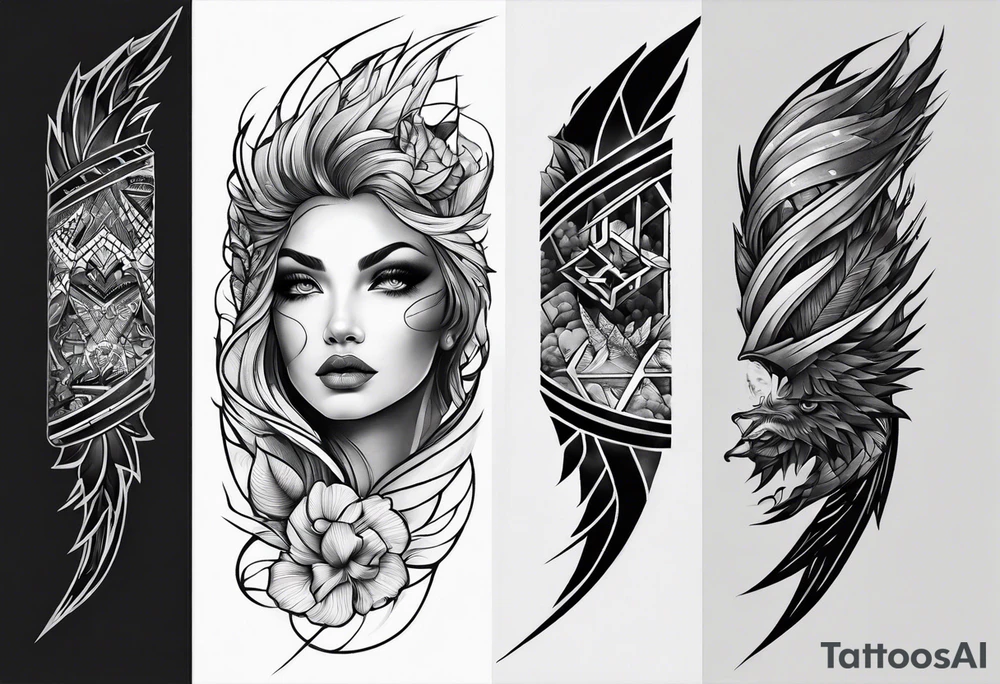 From left shoulder to forearm sleeve tattoo. Fine line geometric, concept design tattoo, ocean thunder fire nature tattoo idea