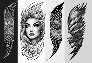 From left shoulder to forearm sleeve tattoo. Fine line geometric, concept design tattoo, ocean thunder fire nature tattoo idea