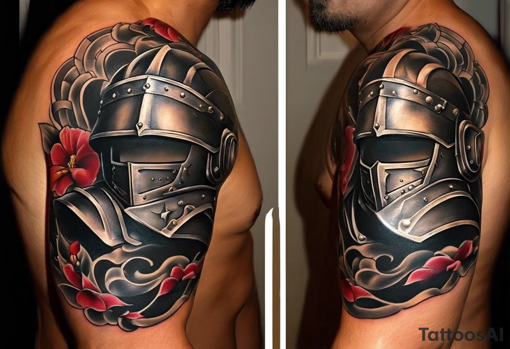 half sleeve tattoo. from a distance looks like a pauldron but closer the pieces of armor are from parts of my life. family, and interests. Father of 3 boys (1 passed), husband, martial arts for 3 decades. 1 1st degree and 1 2nd degree black belt.  Lets start there. tattoo idea