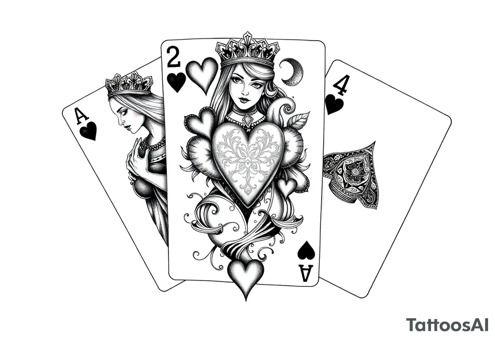 3 playing cards a Queen of heart, 2 of hearts and a 4 of hearts tattoo idea